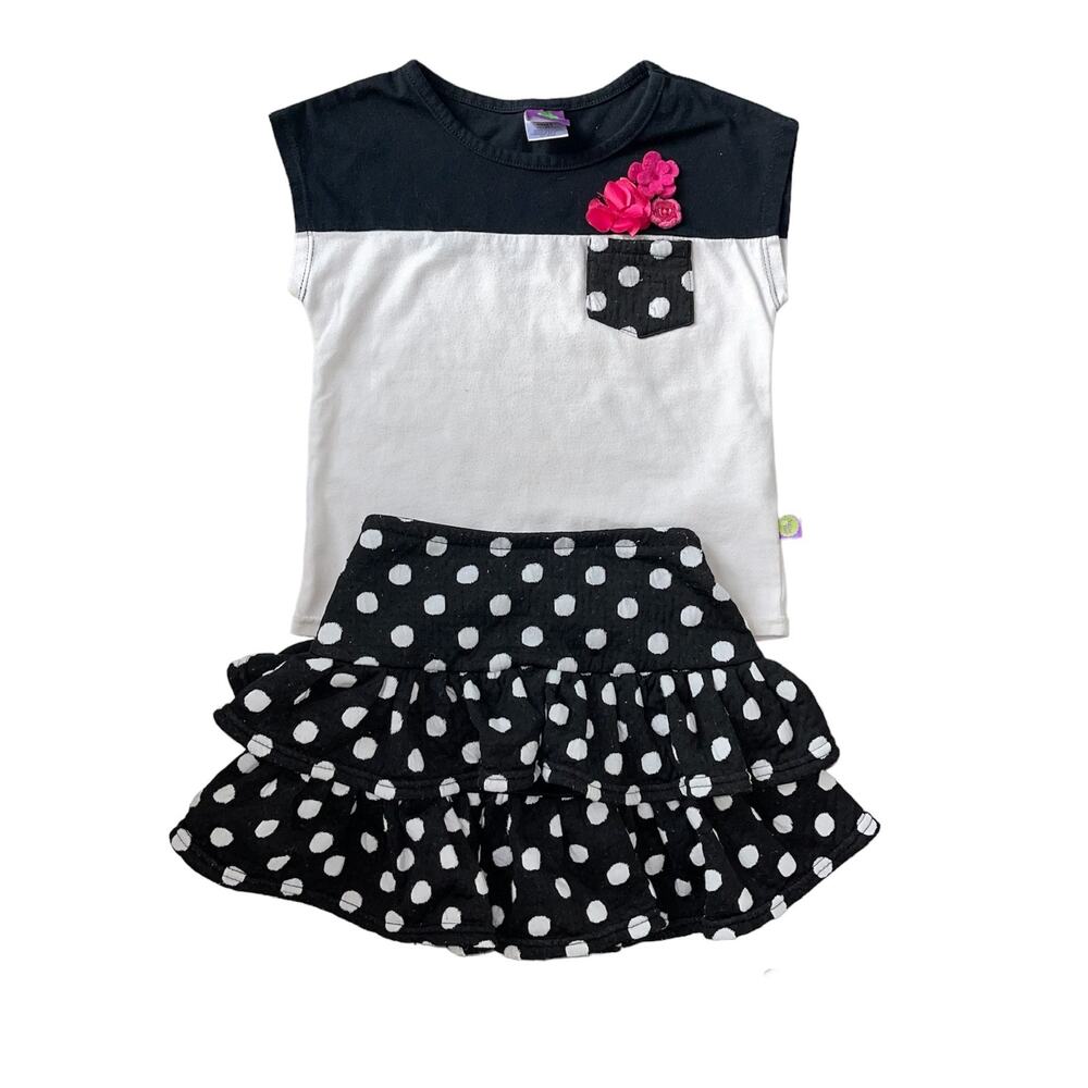 Girls 6 2 Piece Black & White Polka Dot Ruffle Skirt Short Sleeve Pocket Tee Set